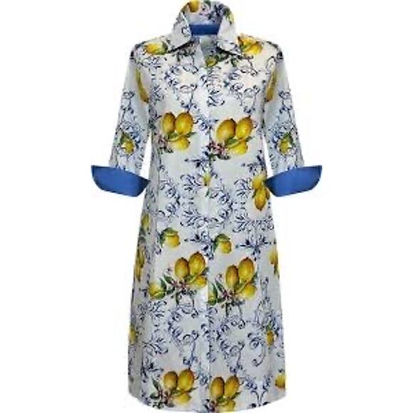 MSRP $178 NEW Perlavera Printed Cos 3/4 Sleeve Missy Fit Shirt in Lemon Size S-M - Picture 1 of 9